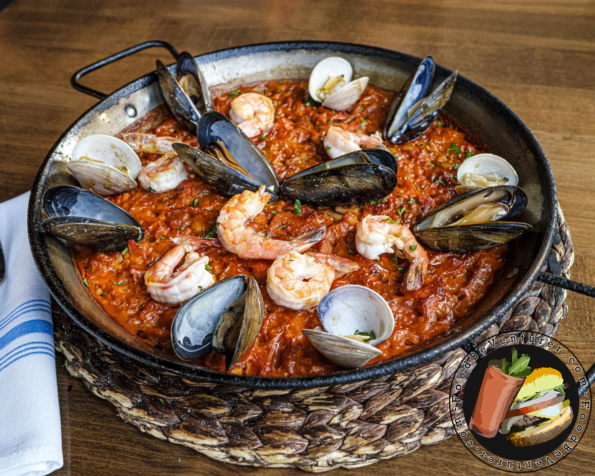 seafood paella in a pan